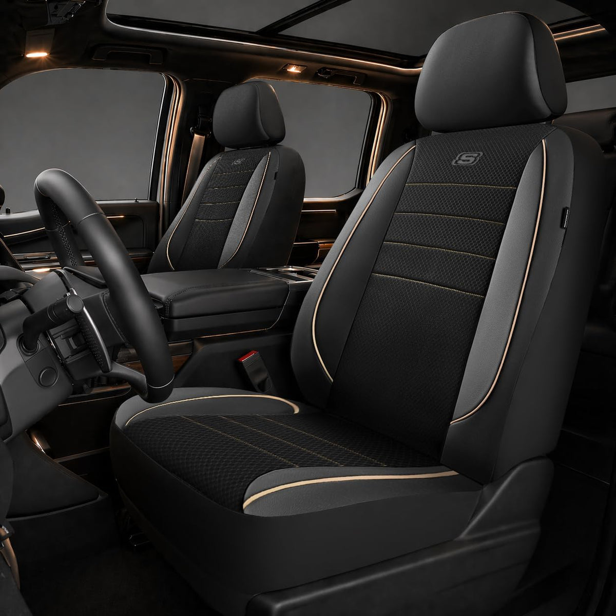 Skechers Air-Cooled Memory Foam Seat Covers,Mesh Thick Car Seat Covers,Piping Leather Car Seat Covers Front Seats,Airbag Compatible,Automotive Comfort Universal FitMost Cars,Vans,Truck,SUV,Black