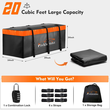 FIVKLEMNZ Car Rooftop Cargo Carrier Roof Bag Waterproof for All Top of Vehicle with/Without Rack Includes Topper Anti-Slip Mat + Reinforced Straps + 6 Door Hooks + Luggage Lock