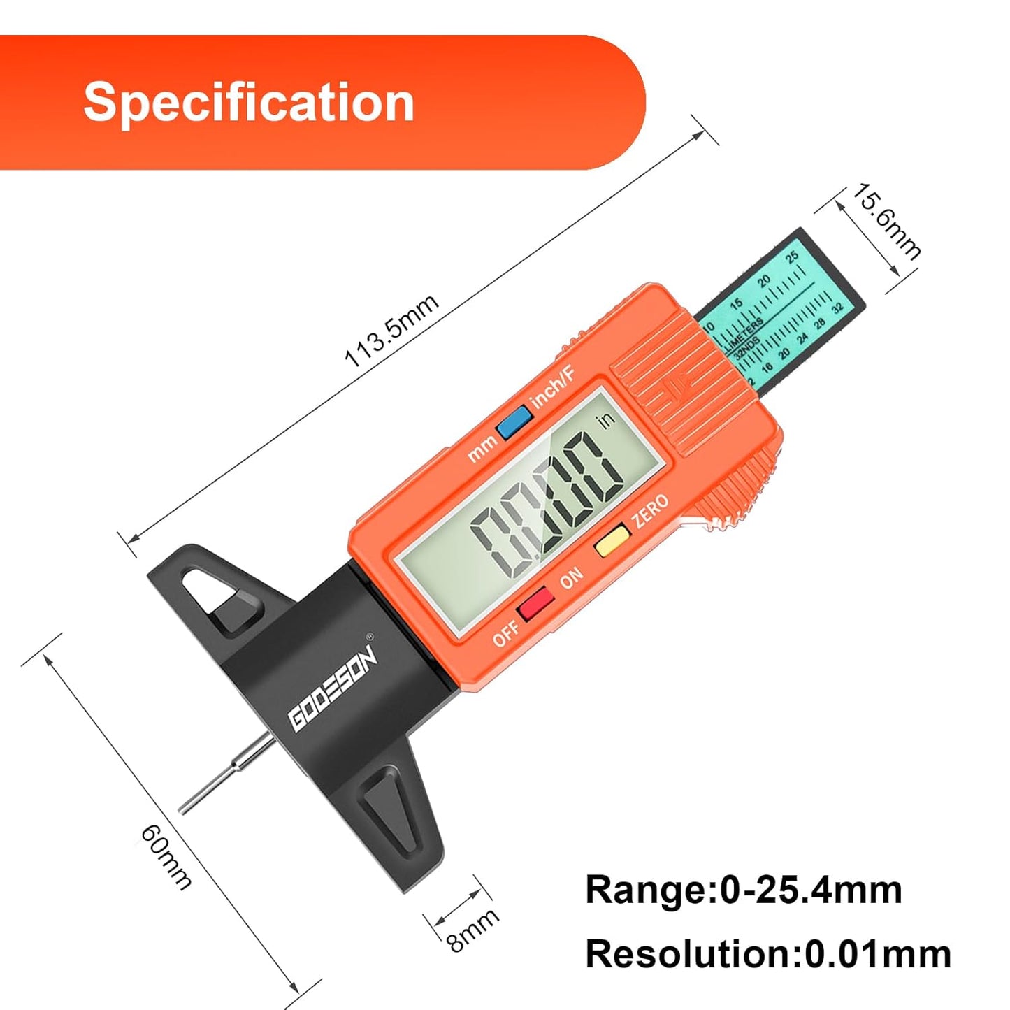 GODESON Tire Tread Depth Gauge, Digital Tire Tread Depth Gauge with 3 Modes-Fractional Inch, Decimal Inch and Millimeter, Tire Depth Gauge for Motorcycles, Cars, SUV, Easy to Read Tread Depth Gauge