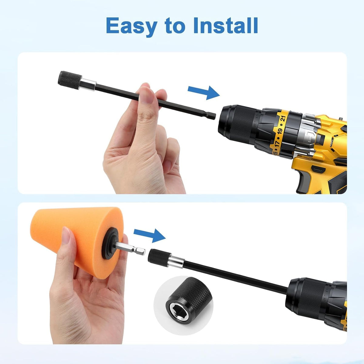 Linkstyle 5PCS Drill Polishing Ball Set, Car Wheel Polisher Sponge Pad Kit with Long Extension Pole & Cleaning Brush, Buffing Ball for 1/4" Hex Drill, Car Rim and Metal Surface Polishing Tool