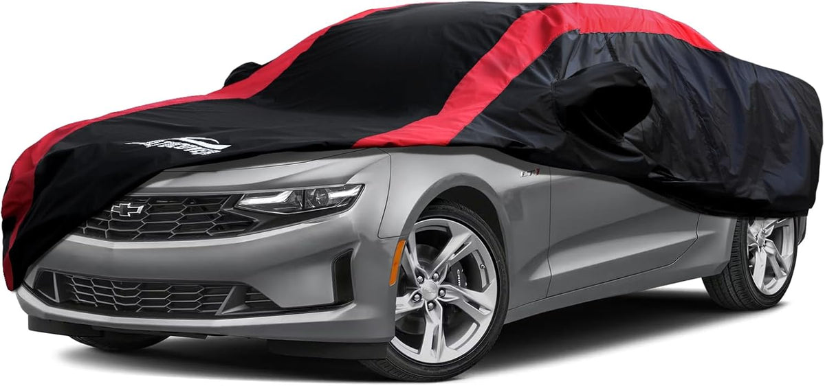 Car Cover Waterproof All Weather Protection with Red Stripe Design, Universal Fit Toyota Camry Solara, Ford Fusion, Kia Stinger Optima, Nissan Maxima, VW Passat, Subaru Legcy