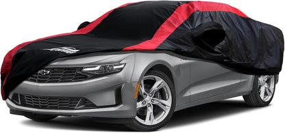 Car Cover Waterproof All Weather Protection with Red Stripe Design, Universal Fit Toyota Camry Solara, Ford Fusion, Kia Stinger Optima, Nissan Maxima, VW Passat, Subaru Legcy