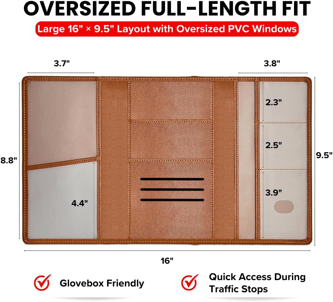LINTRU Car Registration and Insurance Holder Trifold, Oversized Fit with Reinforced Construction, Matte PU Leather Vehicle Glove Box Organizer for Documents, Car Accessories for Men and Women