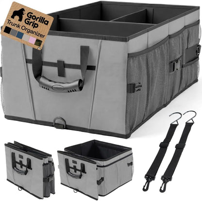GORILLA GRIP Trunk Organizer for SUV and Cars, Large Capacity Collapsible Car Trunk Storage Organizer, Heavy Duty Car Accessories, Gifts for Mom and Dad, Slip & Water Resistant Multi Compartment Black