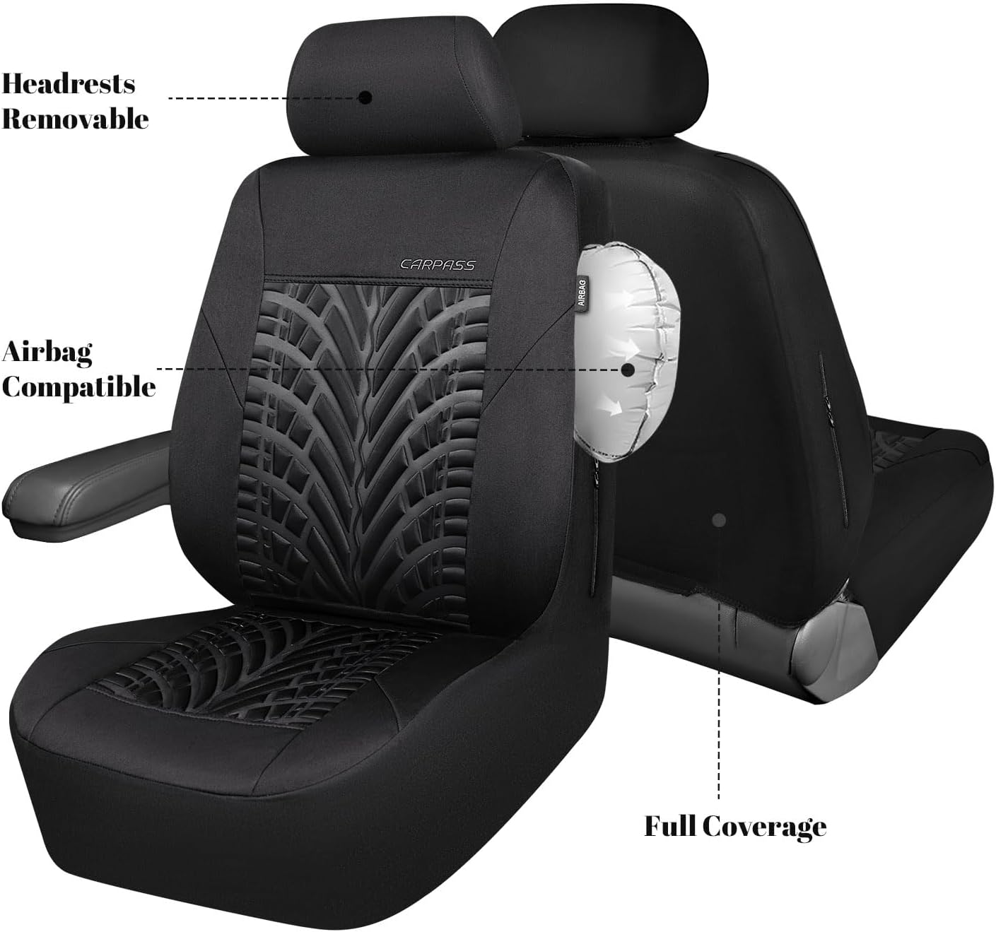 CAR PASS Car Seat Covers Full Sets, Front & Split Rear Bench for Car, 3D Tyre Embossed Automotive Interior Covers, Airbag Compatible, Quick Setup Universal Fit Seat Covers for Car, SUV(Charcoal)