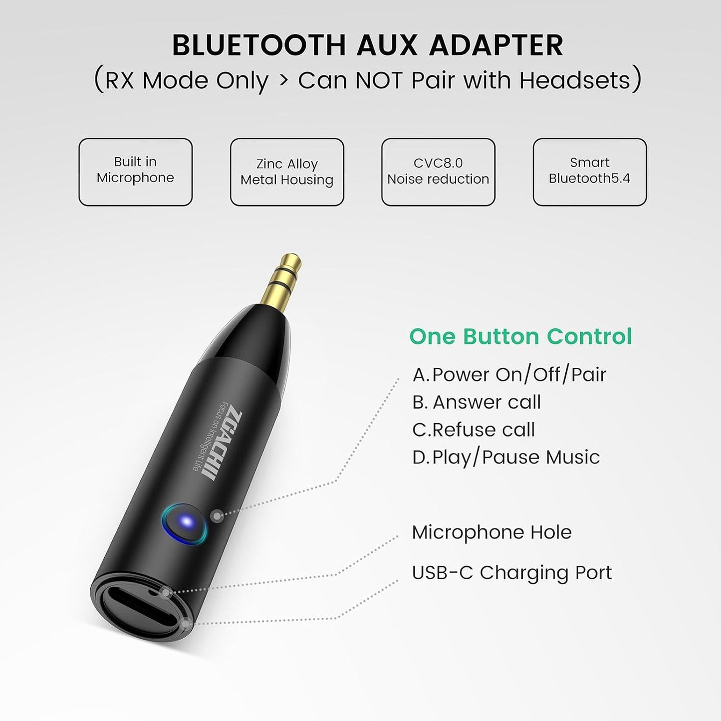 Bluetooth Aux Adapter for Car, Wireless Bluetooth 5.4 Receiver with 3.5mm Jack, 6H Playtime, HiFi Stereo for Vehicle Truck Home Stereo Speaker Music Streaming, Handsfree Calling, [1 Piece]