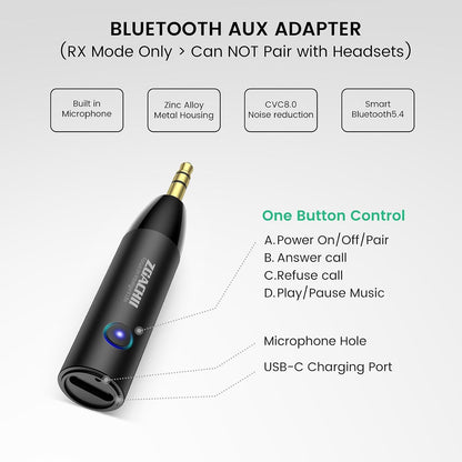 Bluetooth Aux Adapter for Car, Wireless Bluetooth 5.4 Receiver with 3.5mm Jack, 6H Playtime, HiFi Stereo for Vehicle Truck Home Stereo Speaker Music Streaming, Handsfree Calling, [1 Piece]