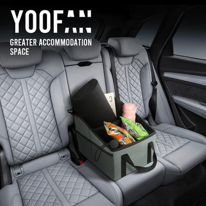 YOOFAN Car Seat Organizer - Passenger Seat Organizer, Collapsible Small Car Seat Storage Organizer for Console Front/Back, Automotive Backseat Organizer with Belt 4 Cup Holders for Kids Accessories