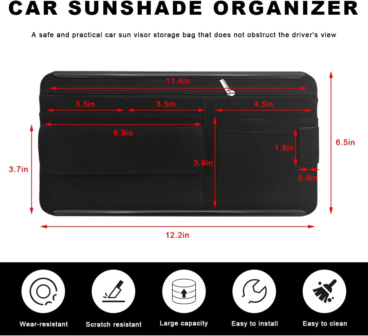 Car Sun Visor Organizer, Soft Leather Vehicle Sunshade Glasses Storage Bag with Net Zipper, Automotive Multi-Pocket Organizer for Drive License Card Glasses Document (Black)