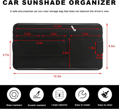 Car Sun Visor Organizer, Soft Leather Vehicle Sunshade Glasses Storage Bag with Net Zipper, Automotive Multi-Pocket Organizer for Drive License Card Glasses Document (Black)