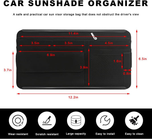 Car Sun Visor Organizer, Soft Leather Vehicle Sunshade Glasses Storage Bag with Net Zipper, Automotive Multi-Pocket Organizer for Drive License Card Glasses Document (Black)