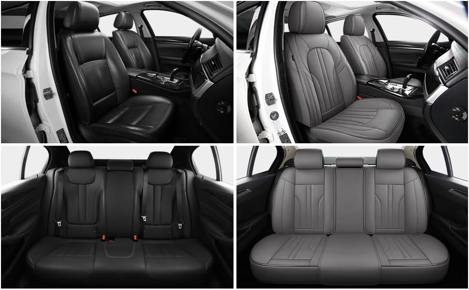 MINGBRON Car Seat Cover Full Set, Leather Car Seat Cover, Waterproof Seat Covers, Car Seat Cushion, Nappa Leather Seat Covers Car Seat Protector Universal Fit Most Cars Black