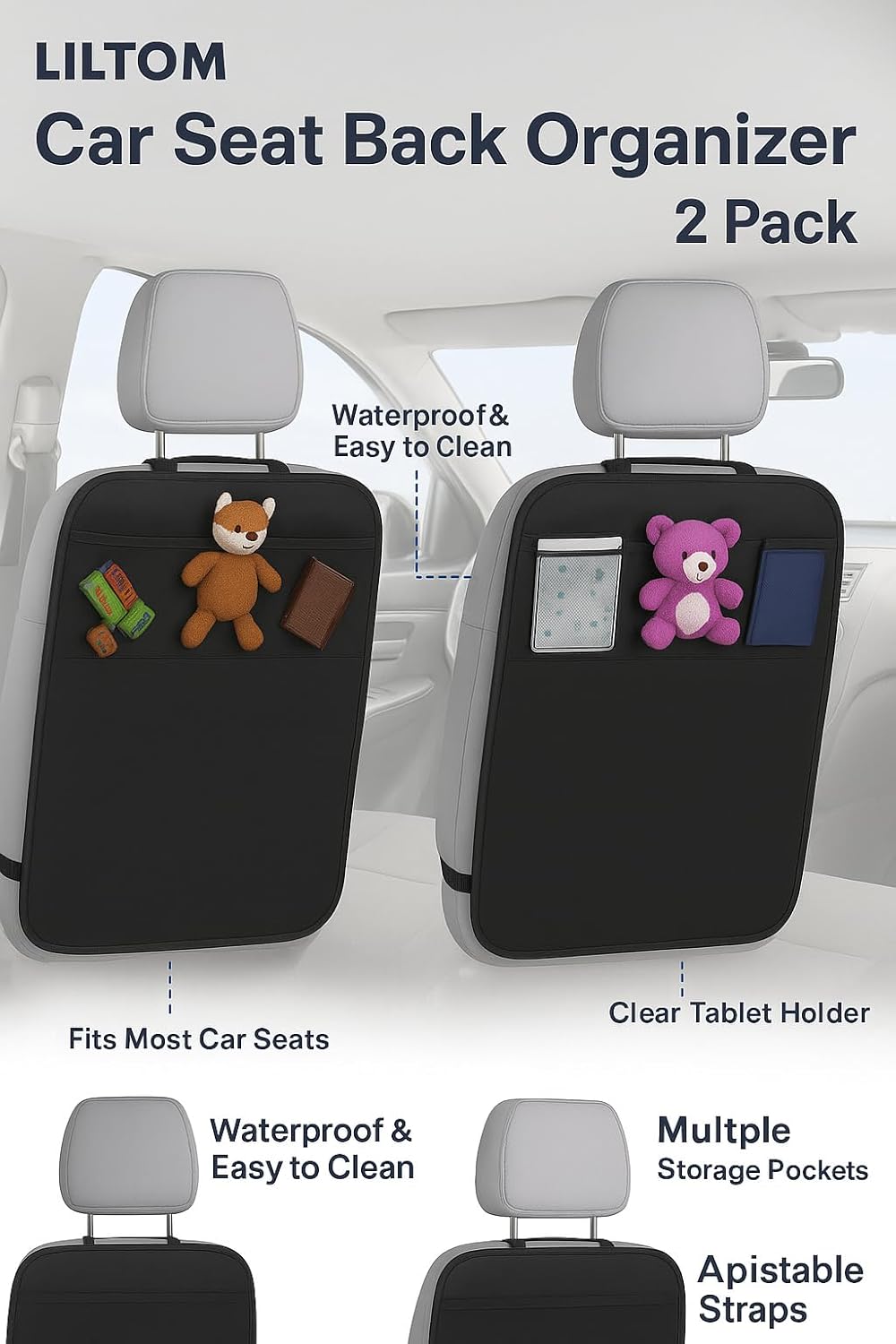 LILTOM Car Back Seat Protector with Organizer, 19"x27" XL Kick Mats, Waterproof, 3 Pockets, 2-Pack (Black - 3 Pocket)