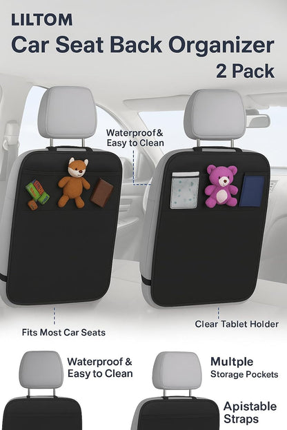 LILTOM Car Back Seat Protector with Organizer, 19"x27" XL Kick Mats, Waterproof, 3 Pockets, 2-Pack (Black - 3 Pocket)
