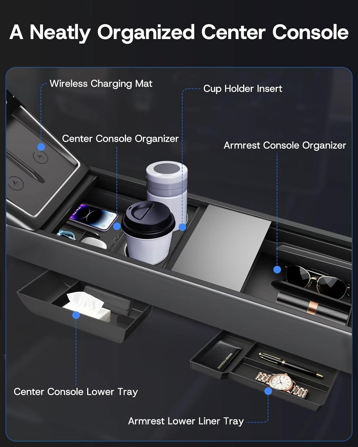Center Console Organizer Tray for Tesla Model Y Juniper 2026 2025 (Premium & Performance), 8PCS - PC Material & Silent Silicone Armrest Storage Box Bottom Liners Wireless Charging Pad Cup Holder