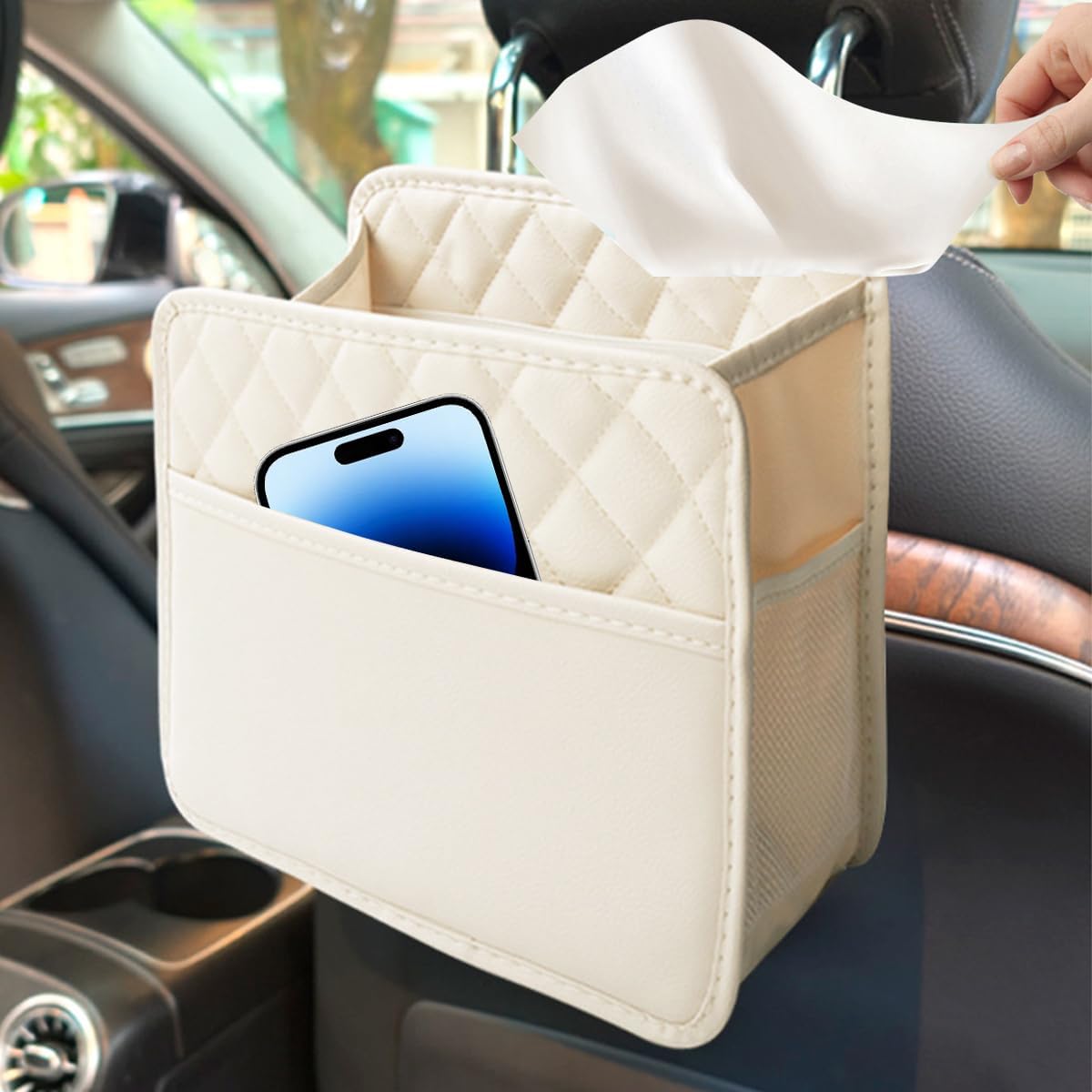 Mandark Car Seat Back Organizer, PU Leather Vehicle Backseat Hanging Storage Pocket, Multipurpose Auto Travel Essentials Accessories for Kids & Adults, Universal for Most Cars (Black)