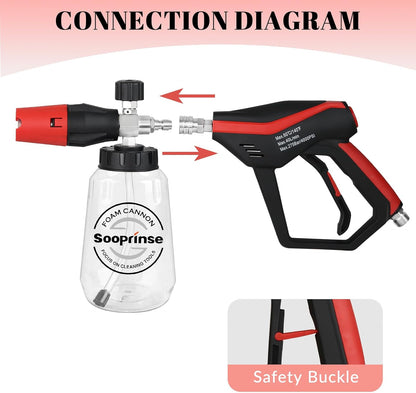 Sooprinse Short Pressure Washer Gun With Foam Cannon, High Pressure Snow Foam Lance, 1/4 Inch Quick Connector, Power Washer Blaster, Car Wash Mitt, 3000 PSI, 1 Liter