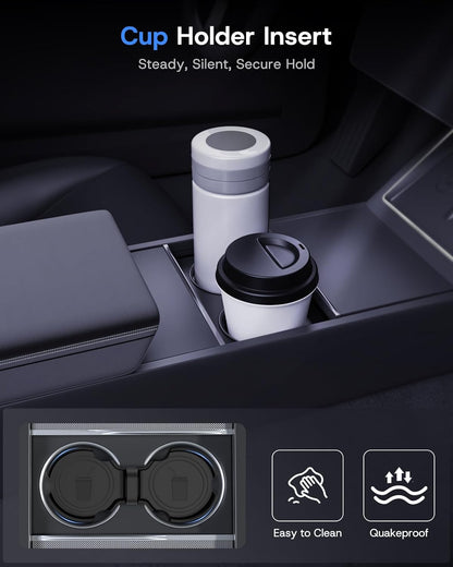 Center Console Organizer Tray for Tesla Model Y Juniper 2026 2025 (Premium & Performance), 8PCS - PC Material & Silent Silicone Armrest Storage Box Bottom Liners Wireless Charging Pad Cup Holder
