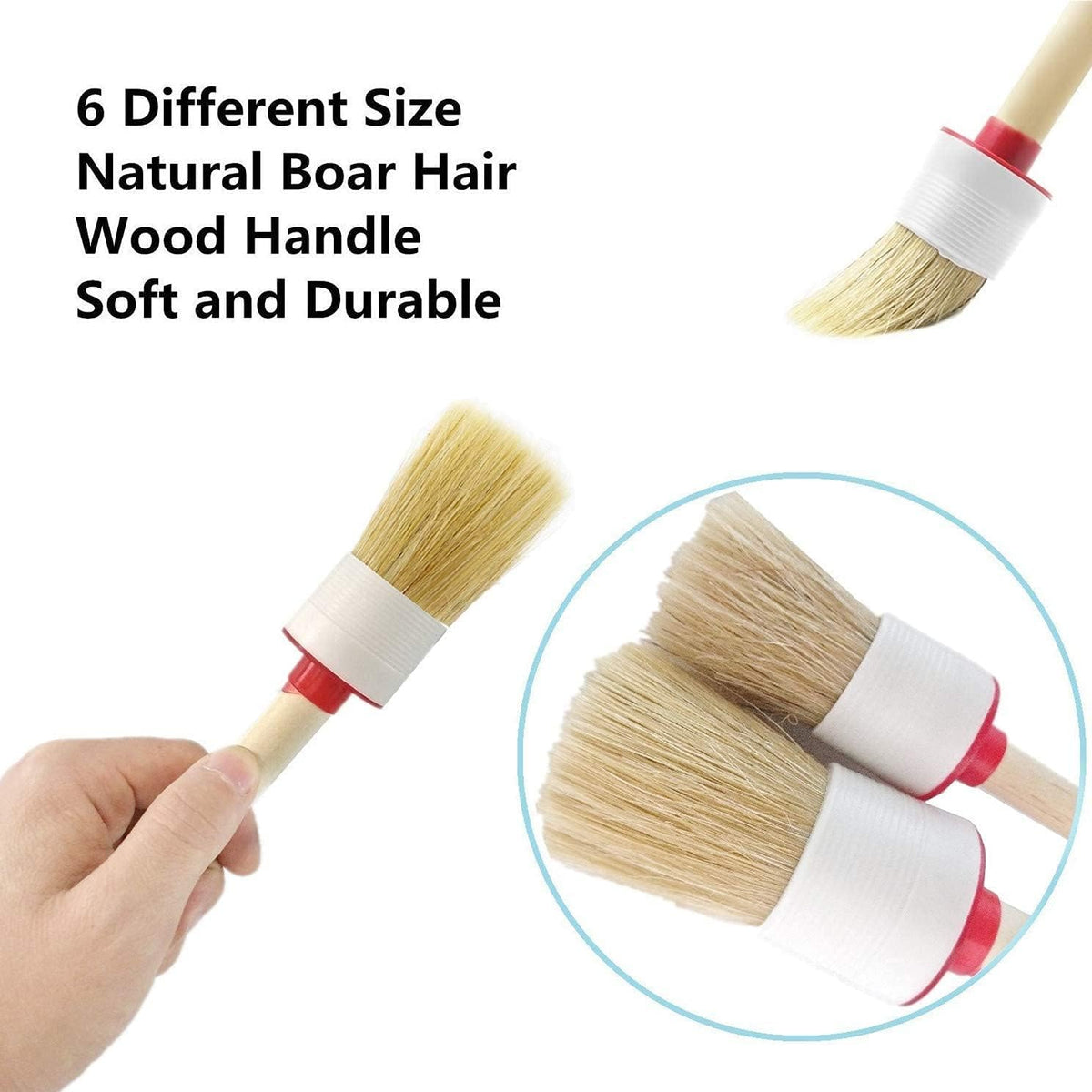 Nurkul 11Pcs Auto Detailing Set, Boar Hair Brushes, Steel Wire & A/C Brushes, Red, Soft Bristles, Wood Handles for Cleaning Interior, Exterior, Leather, 6 Sizes