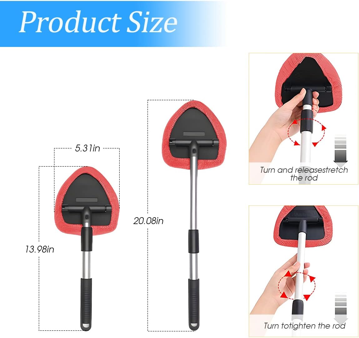 Windshield Cleaning Tool, Car Window Cleaner with Extendable Long Handle and 4 Washable Reusable Microfiber Pads, Auto Interior Exterior Glass Wiper Cleaning Kit Universal for Office and Home (Blue)