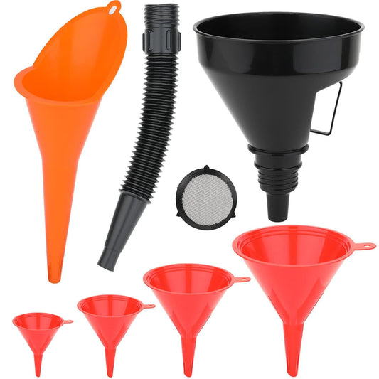 6 Pcs Automotive Oil Funnel Set – Wide Mouth Fuel Funnels with Long Neck, Flexible Spout & Removable Filter – for Gasoline, Coolant, Water, Engine Oil