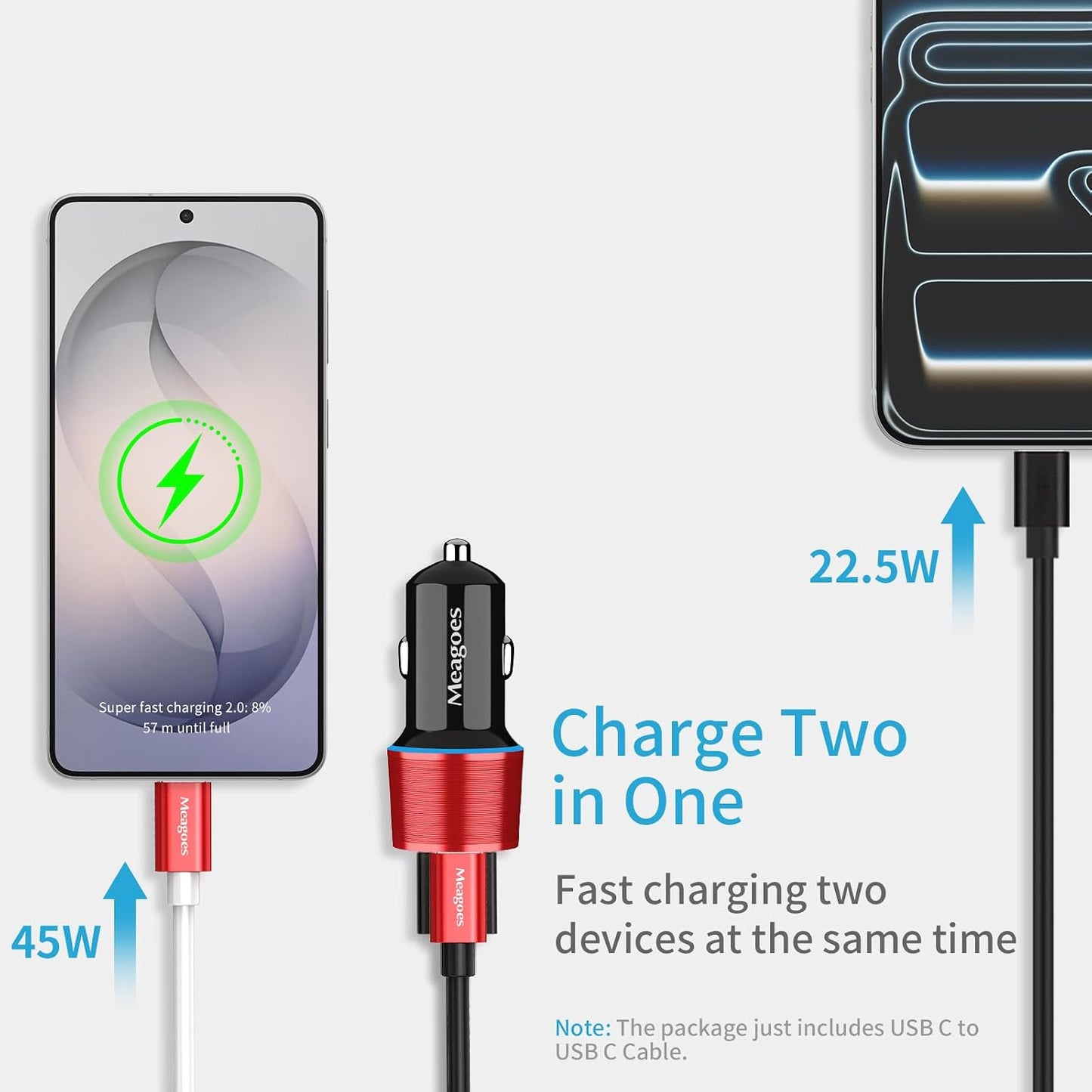 67.5W Car Charger USB C Super Fast Charging, 45W USBC & QC3.0 Port Plug for iPhone 17 Pro Max/Air/16/15/iPad, Samsung S26/S25 Android Cell Phone, Dual 12V Cigarette Lighter Adapter+ 3.3ft Type C Cable