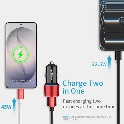 67.5W Car Charger USB C Super Fast Charging, 45W USBC & QC3.0 Port Plug for iPhone 17 Pro Max/Air/16/15/iPad, Samsung S26/S25 Android Cell Phone, Dual 12V Cigarette Lighter Adapter+ 3.3ft Type C Cable