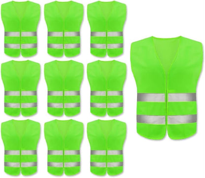 10PCS Safety Vests, Reflective High Visibility Vests, Hi Vis Safety Vests, High Vis Jacket with 2 Reflective Strips, for Traffic Work, Running, Surveyor and Security Guard (Universal Size)