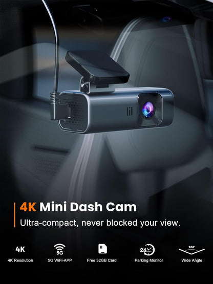 galphi 4K Dash Cam Front, Built-in 5G WiFi, 32GB Card Included, Dash Camera for Cars, Mini Dashcam with Super Night Vision, Loop Recording, G-Sensor, 24 Hours Parking Monitor, Support 256GB Max