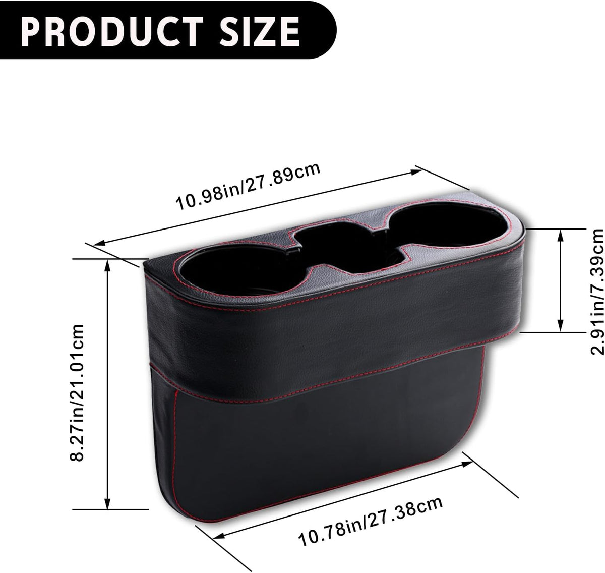 Car Cup Holder, PU Leather Auto Front Seat Organizer, Multifunctional Cup Drink Holders, Gap Filler Storage Box Coin Bucket Console Side Pocket Cell Mobile Phone Holder (Black)