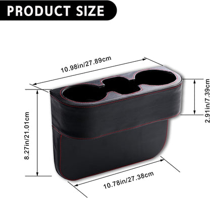 Car Cup Holder, PU Leather Auto Front Seat Organizer, Multifunctional Cup Drink Holders, Gap Filler Storage Box Coin Bucket Console Side Pocket Cell Mobile Phone Holder (Black)