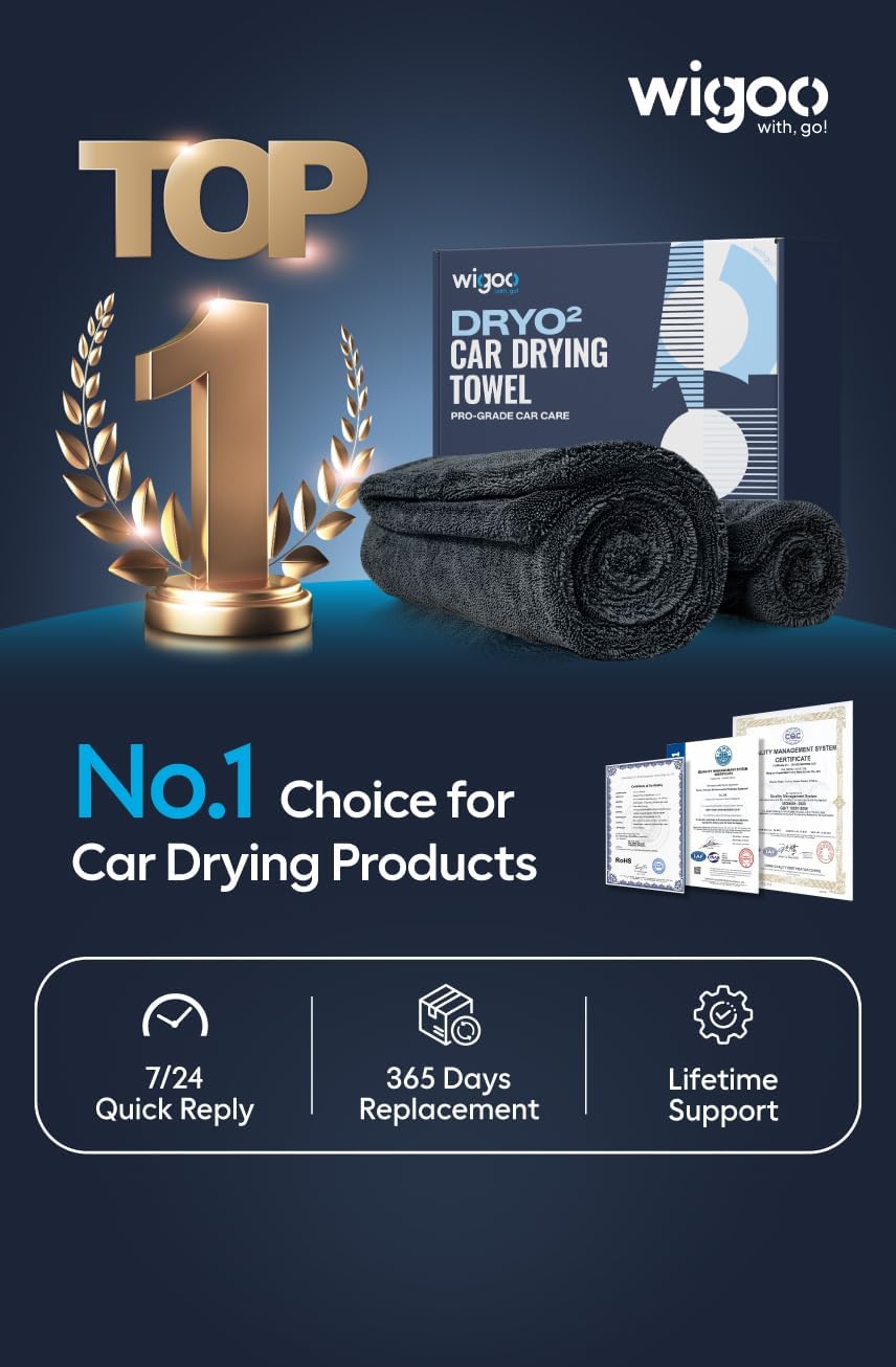 Wigoo Premium Microfiber Car Drying Towel 1300 GSM, 36" x 24" [Ultra-Absorbent, Streak-Free] Dual-Sided Edgeless Cleaning Towels with Twisted Loop, for Auto Detailing, Cars, SUV, Truck (2 Sizes)