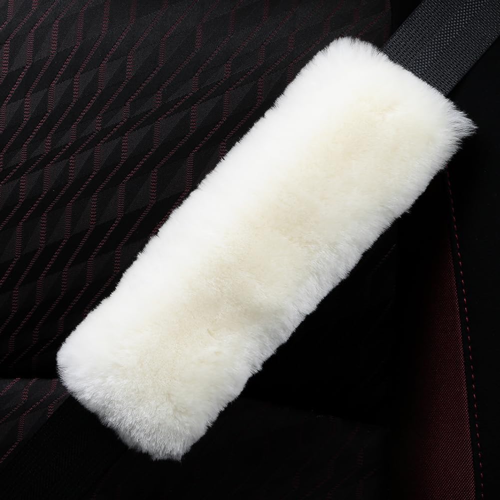 AOGELAN 2 Pack Black Fluffy Fuzzy Genuine Sheepskin Car Seat Belt Cover Pad, Seatbelt Cushion for Soft Auto Lambswool Shoulder Strap Cushion Adults (2, Black)