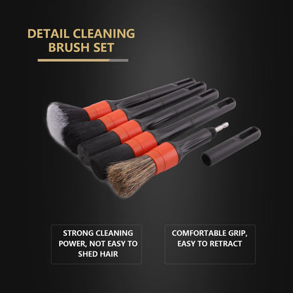 SPTA Car Detailing Brush Set, 5 Pack Soft Boar Hair Auto Detail Brush Kit with Elbow for Automotive Elegant Surface Interior Exterior Dashboard Emblems Panels Engine Bay Wheels Air Vent Seat Leather