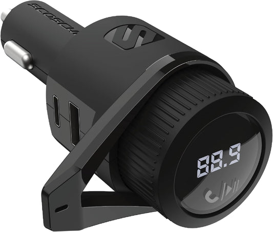 Scosche BTFM9 FM Bluetooth Transmitter Car, Dual 12W USB-C and USB-A Charging Ports, Fast Type C Car Charger, Wireless Radio Bluetooth Adapter, Hands-Free Kit for Calls, Siri and Google Assistant
