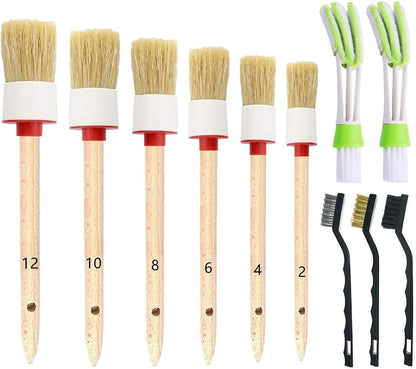 Nurkul 11Pcs Auto Detailing Set, Boar Hair Brushes, Steel Wire & A/C Brushes, Red, Soft Bristles, Wood Handles for Cleaning Interior, Exterior, Leather, 6 Sizes