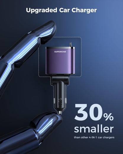 Retractable Car Charger, SUPERONE 99W Car Phone Charger with Cables Fast Charging, USB C Car Charger Adapter for iPhone 17 16 15 14 13 12, Samsung, Black