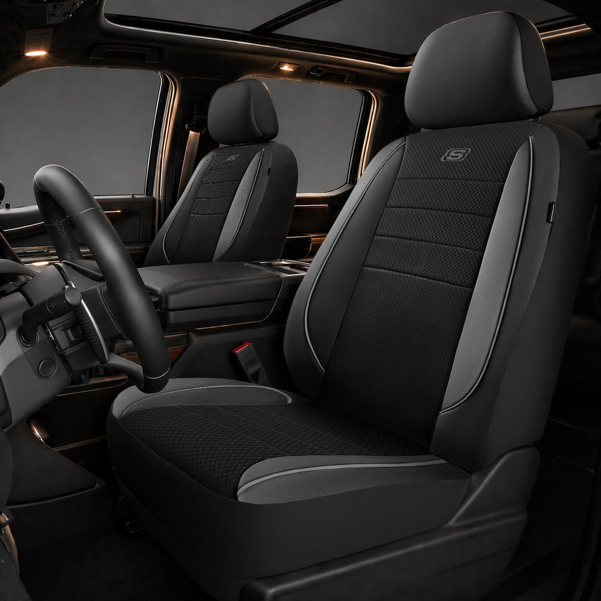 Skechers Air-Cooled Memory Foam Seat Covers,Mesh Thick Car Seat Covers,Piping Leather Car Seat Covers Front Seats,Airbag Compatible,Automotive Comfort Universal FitMost Cars,Vans,Truck,SUV,Black