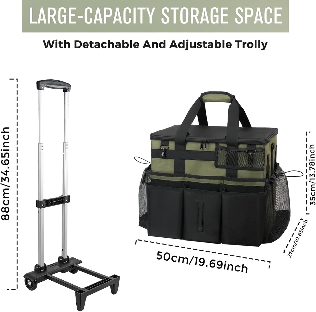 SCAVATA Rolling Cleaning Caddy Bag with Detachable Trolley, Large Cleaning Supplies Organizer with Wheels, Multi Pocket Cleaning Cart with Adjustable Shoulder Strap for Housekeepers & Home Use, Black