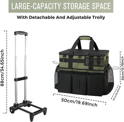 SCAVATA Rolling Cleaning Caddy Bag with Detachable Trolley, Large Cleaning Supplies Organizer with Wheels, Multi Pocket Cleaning Cart with Adjustable Shoulder Strap for Housekeepers & Home Use, Black