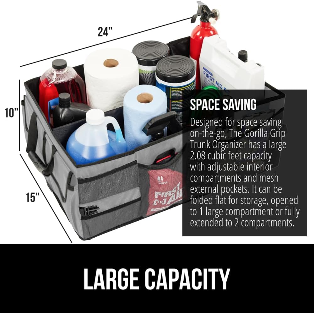 GORILLA GRIP Trunk Organizer for SUV and Cars, Large Capacity Collapsible Car Trunk Storage Organizer, Heavy Duty Car Accessories, Gifts for Mom and Dad, Slip & Water Resistant Multi Compartment Black