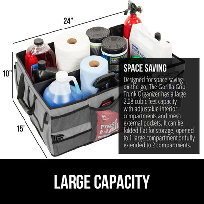 GORILLA GRIP Trunk Organizer for SUV and Cars, Large Capacity Collapsible Car Trunk Storage Organizer, Heavy Duty Car Accessories, Gifts for Mom and Dad, Slip & Water Resistant Multi Compartment Black