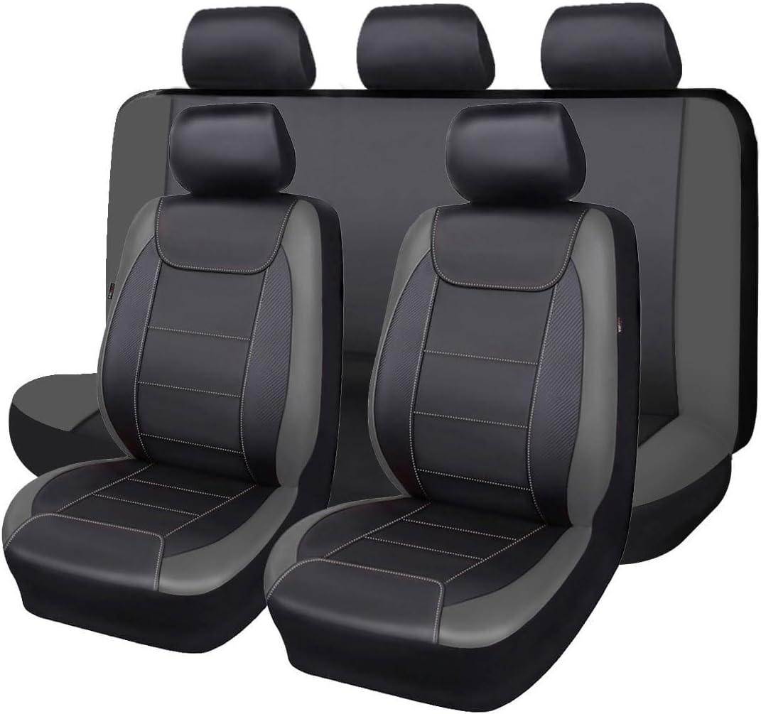 Flying Banner Carbon Fiber Leather Vehicle Seat Covers, Leopard Gray Black, Universal Fit - 8PCS
