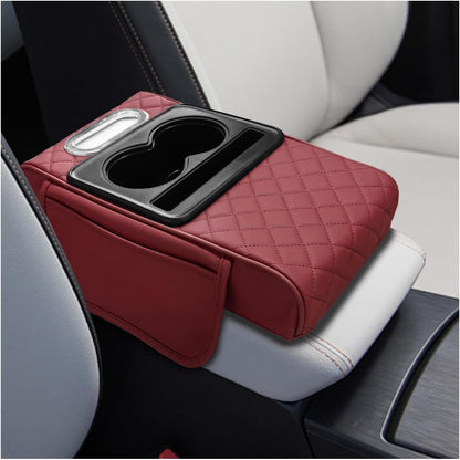 Leather Car Center Console Cover, Universal Automotive Armrest Booster Cushion, Vehicle Middle Console Organizer with 2 Cup Holders, Side Storage Bag, Tissue Box & Phone Slot(Black)