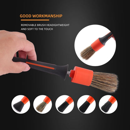 SPTA Car Detailing Brush Set, 5 Pack Soft Boar Hair Auto Detail Brush Kit with Elbow for Automotive Elegant Surface Interior Exterior Dashboard Emblems Panels Engine Bay Wheels Air Vent Seat Leather