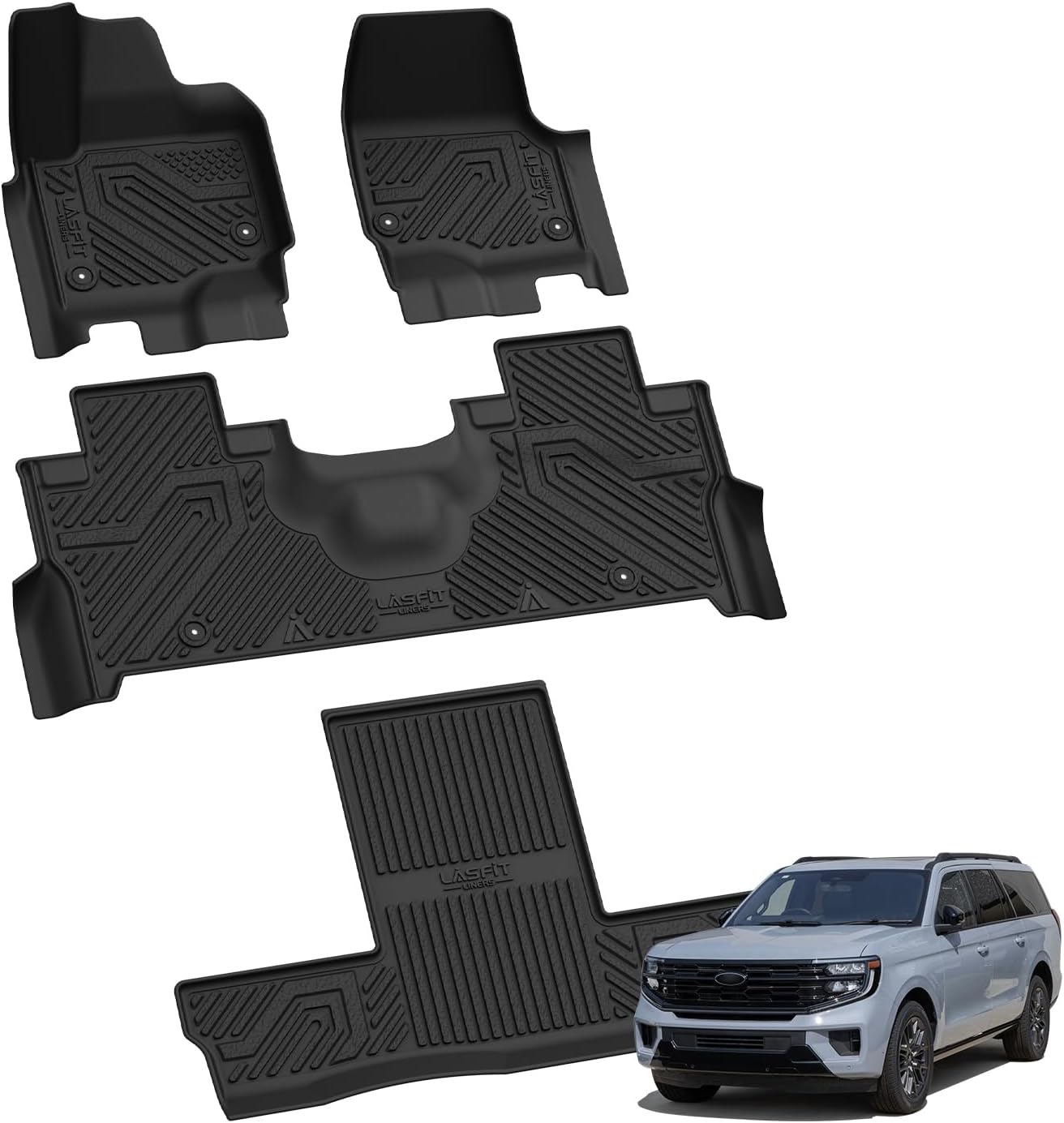 LASFIT Floor Mats for Ford F-150 2021-2026 | F150 Lightning 2022-2025 SuperCrew (Rear w/Fold Flat Storage) Carpet Floor All Weather Car Liners TPE Truck Mats - 1st and 2nd Row, 3pcs Black