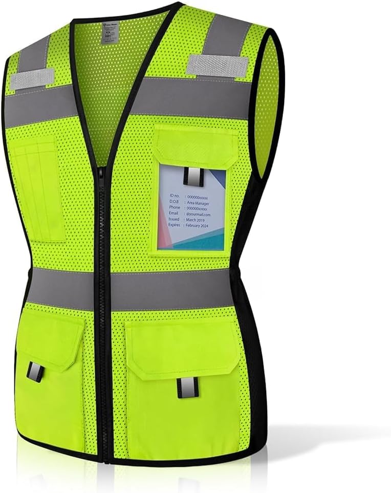Reflective Vest for Women, Mesh Womens Safety Vest with 11 Pockets and Zipper, Hi Vis Neon Construction Work Vest for Lady Surveyors/Workers, Snugly-Fitted, ANSI Compliant (U-Yellow, S)