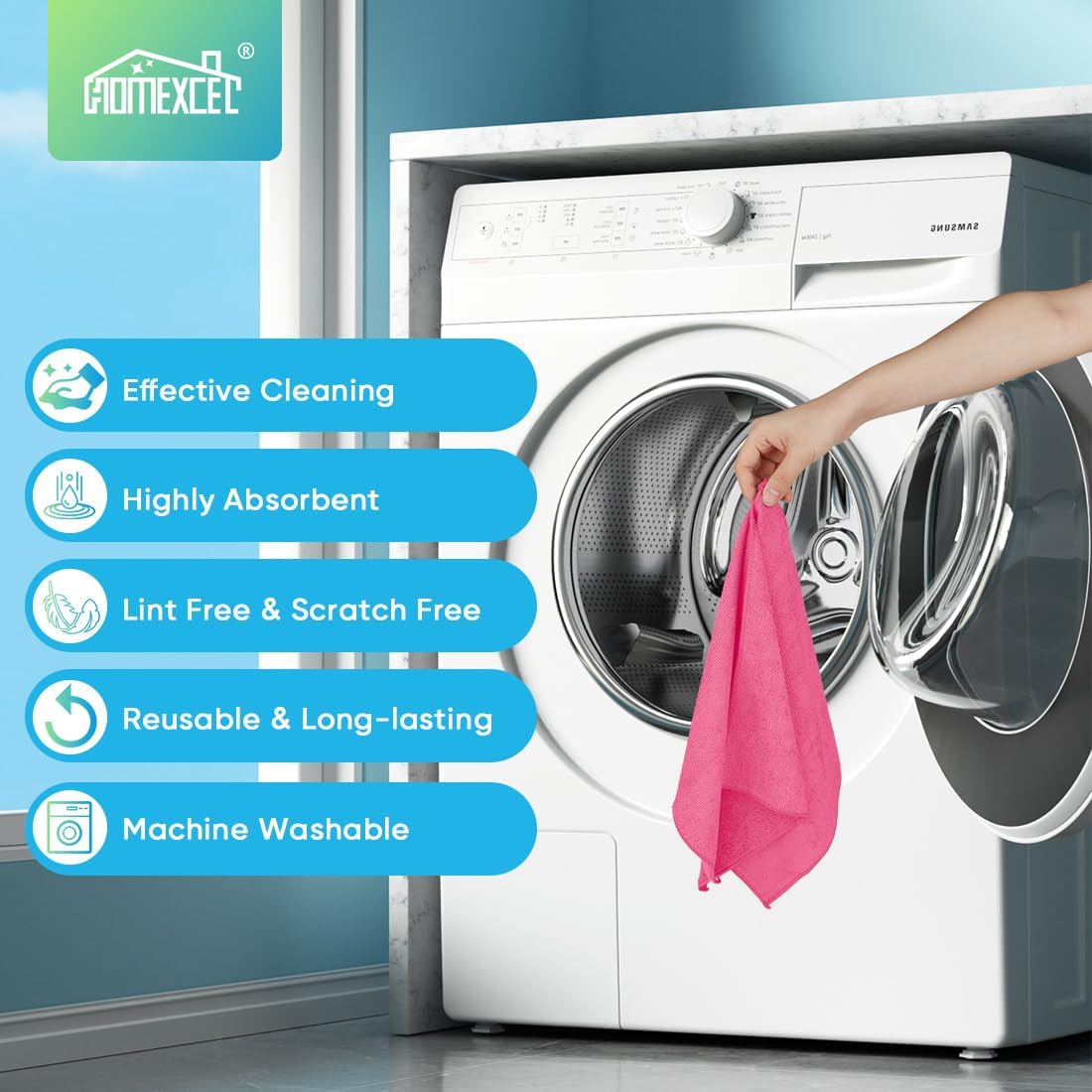 HOMEXCEL Microfiber Cleaning Cloth 210GSM, Pack of 12, Size:11.5" x 11.5", Ultra-Soft, High-Density Non-Abrasive Cleaning Towels for Cars, Glass, Kitchen, Reusable Rags, Blue/Green/Yellow/Pink