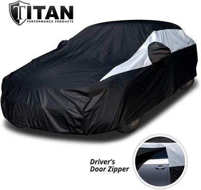 Titan Jet Black Poly 210T Car Cover for Sedans 186-202". Waterproof, UV Protection, Scratch Resistant, Driver-Side Zippered Opening. Fits Camry, Accord and More.