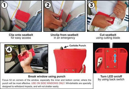 General Tools 7902 4-in-1 Car Escape Tool - Window Breaker, Seat Belt Cutter, Flashing Hazard Light, LED Flashlight